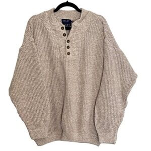 Vintage OLD GLORY Beige Oatmeal Henley Sweater 100% Cotton Fisherman Grandpa